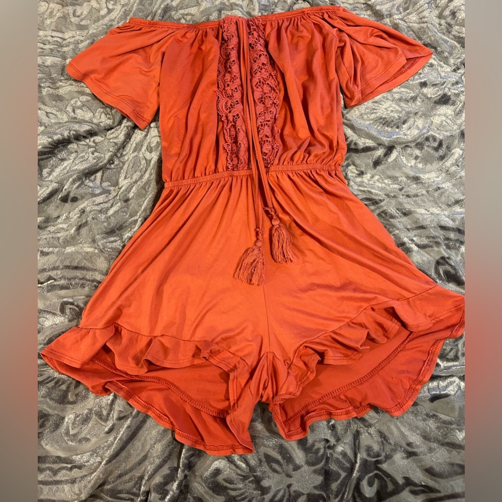 Beautiful cottage designed romper with ruffles- Coral (orange/pink)